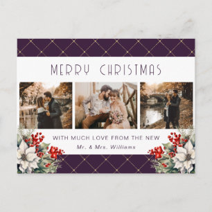 Purple Gold Botanical Photo Newlywed Holiday Postcard