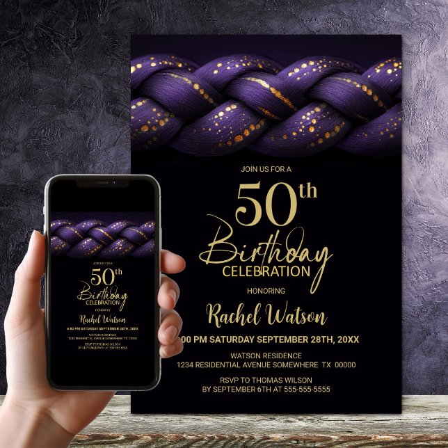 Purple Gold Braid 50th Birthday Party Invitation (Creator Uploaded)
