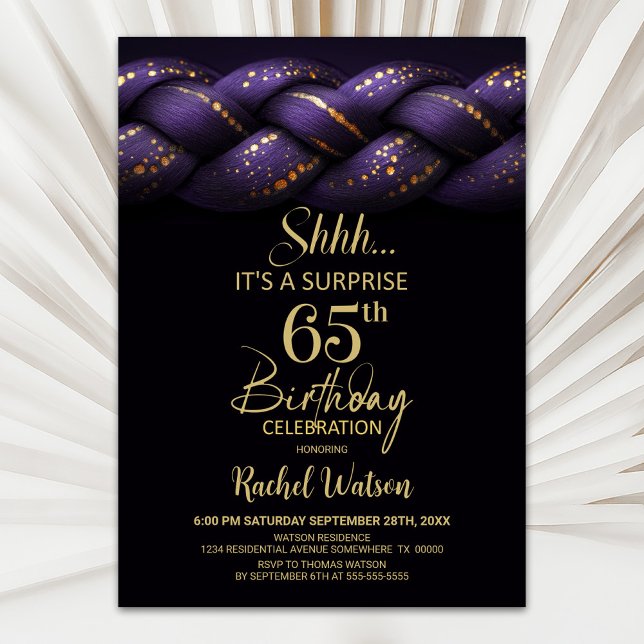 Purple Gold Braid Surprise 65th Birthday Party Invitation (Creator Uploaded)