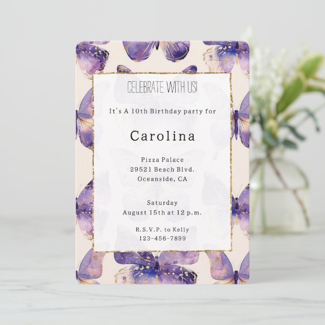 Purple Gold Butterflies Birthday Invitation (Standing Front)