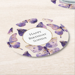 Purple Gold Butterflies Birthday Round Paper Coaster