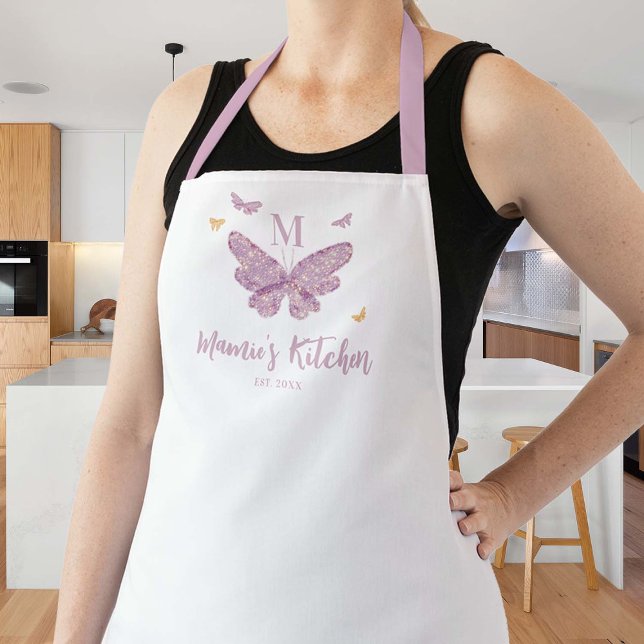 Purple Gold Butterflies Custom Monogram Mom Gift Apron (butterflies personalized apron mom hostess grandma gift thanksgiving christmas custom monogram lilac)