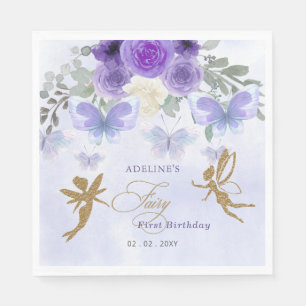 Purple Gold Butterflies Fairy First Birthday Napkin