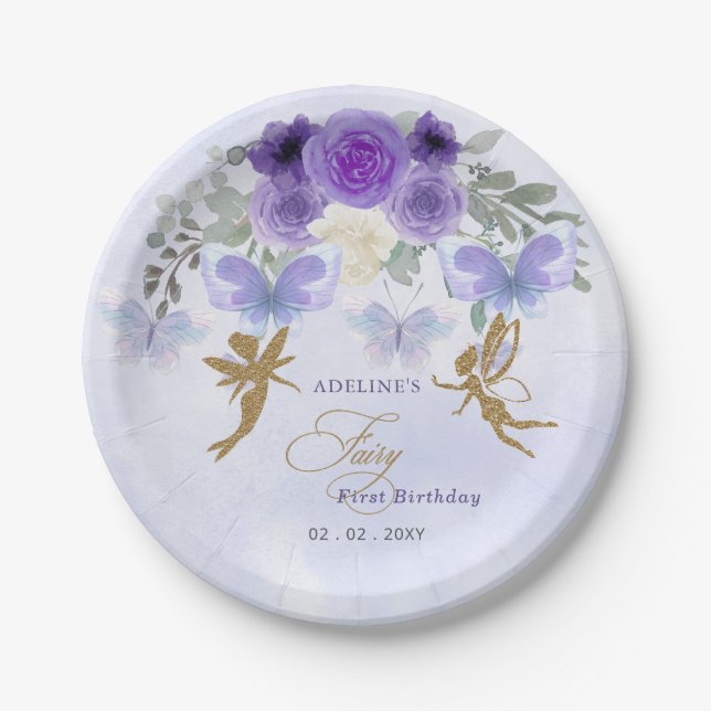 Purple Gold Butterflies Fairy First Birthday Paper Plate (Front)