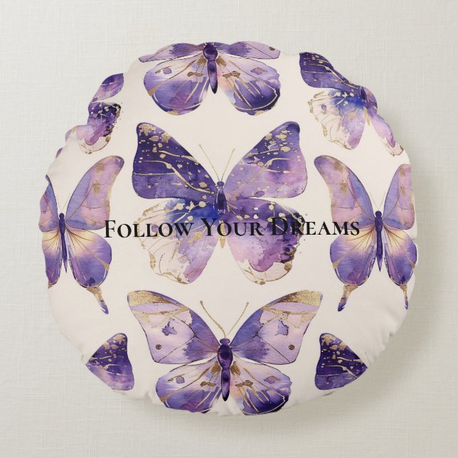 Purple Gold Butterflies Glitter Round Pillow (Front)