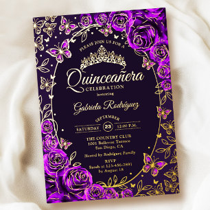 Purple Gold Butterflies Roses Quinceanera