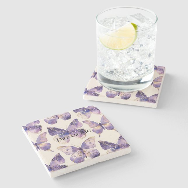Purple Gold Butterflies  Stone Coaster (Side)