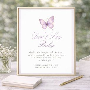 Purple Gold Butterfly Baby Shower Don't Say Baby Poster