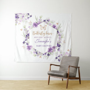 Purple gold butterfly baby shower tapestry
