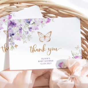 Purple gold butterfly baby shower thank you card