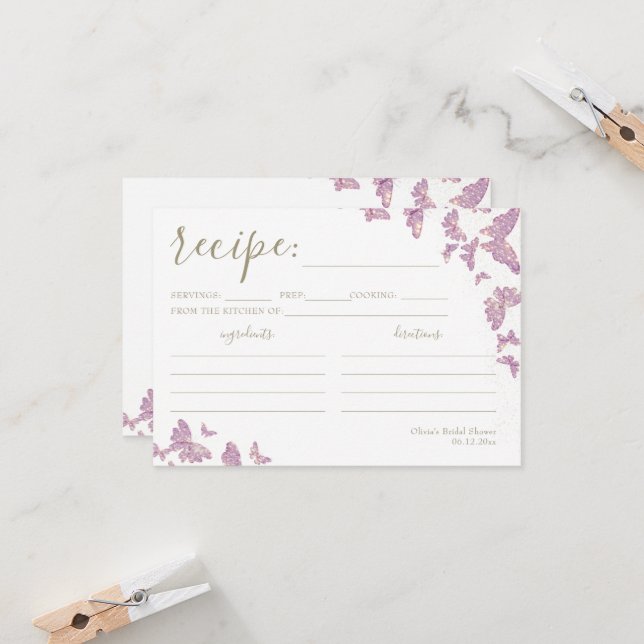 Purple Gold Butterfly Bridal Shower Recipe Card  (Front/Back In Situ)