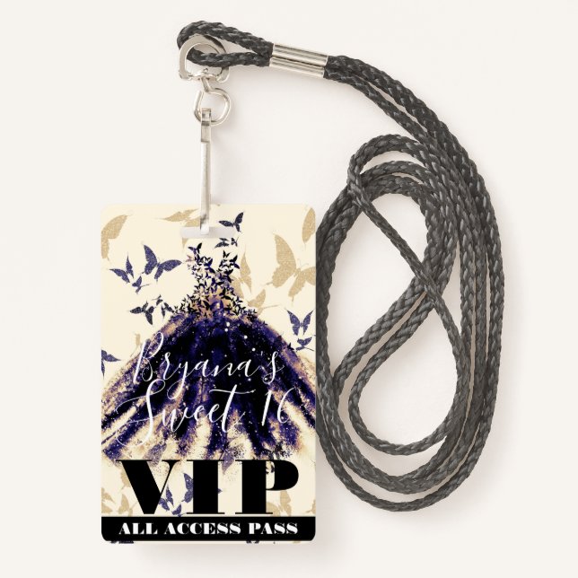 Purple Gold Butterfly Dance Dress Sweet 16 VIP Badge (Front with Lanyard)