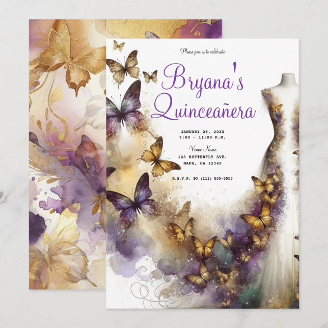 Purple & Gold Butterfly Dress Fantasy Quinceañera Invitation (Front/Back)