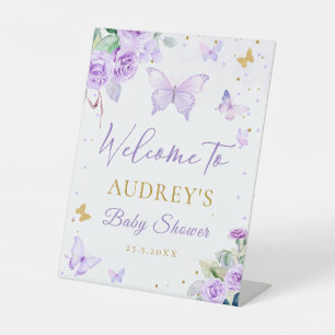 Purple Gold Butterfly Floral Baby Shower Welcome Pedestal Sign