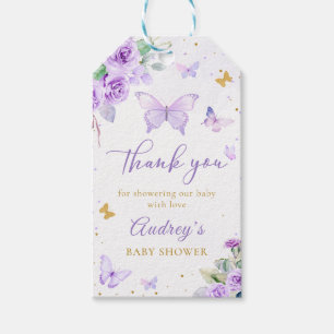 Purple Gold Butterfly Floral Girl Baby Shower Gift Tags