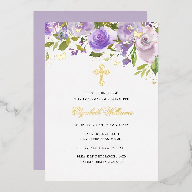 Purple Gold Butterfly Floral Girl Baptism (Front/Back)