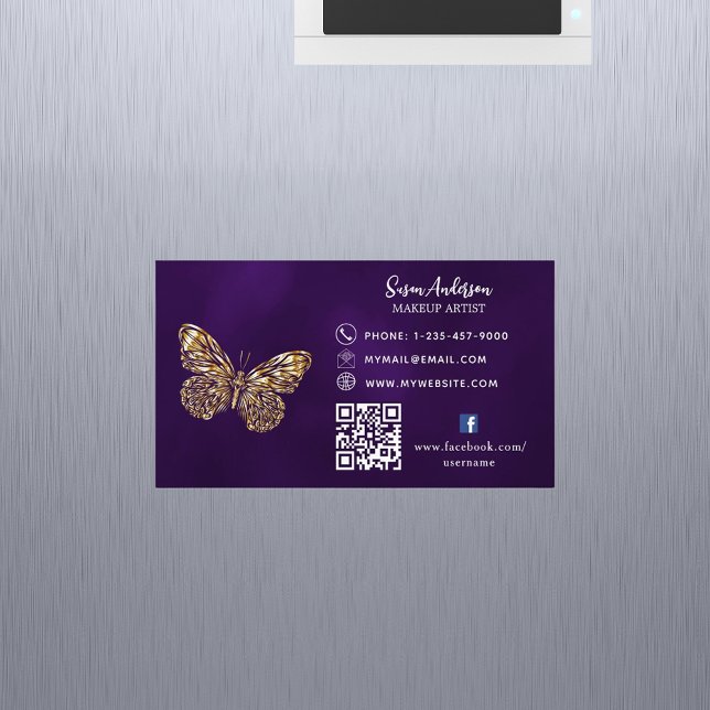 Purple gold butterfly QR code Facebook Magnetic Business Card (Creator Uploaded)