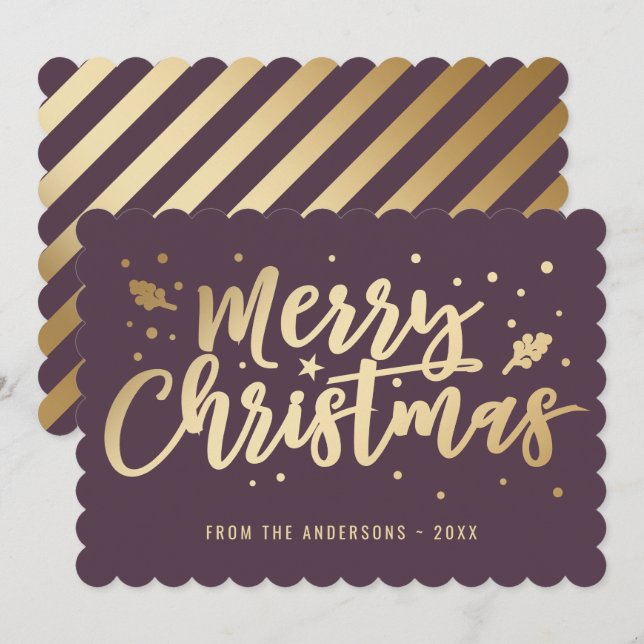 Purple Gold Calligraphy Merry Christmas Holiday Card (Front/Back)