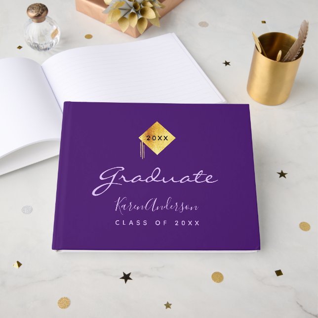 Purple gold cap Graduation party Guest Book (Front Open)