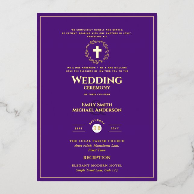 Purple Gold Catholic Wedding Elegant Formal Modern (Front)