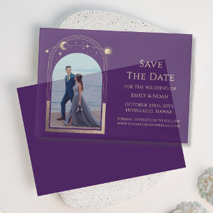 Purple Gold Celestial Photo Wedding Overlay Vellum Invitations