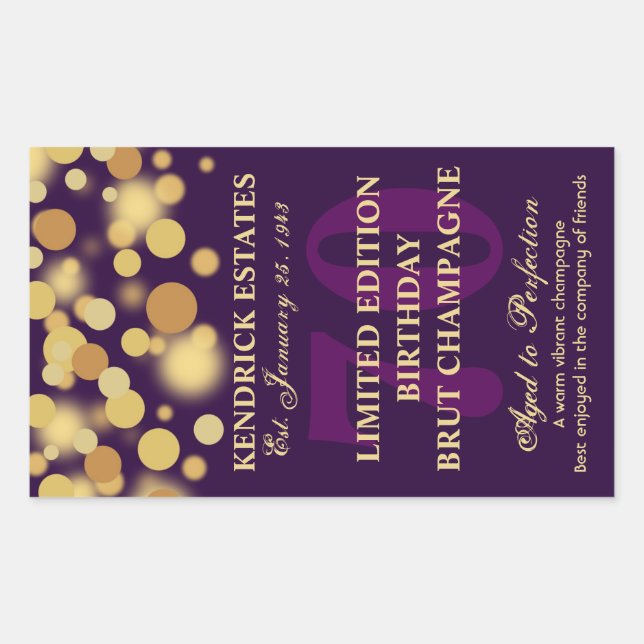 Purple Gold Champagne Bubbles Birthday Label 750ml (Front)