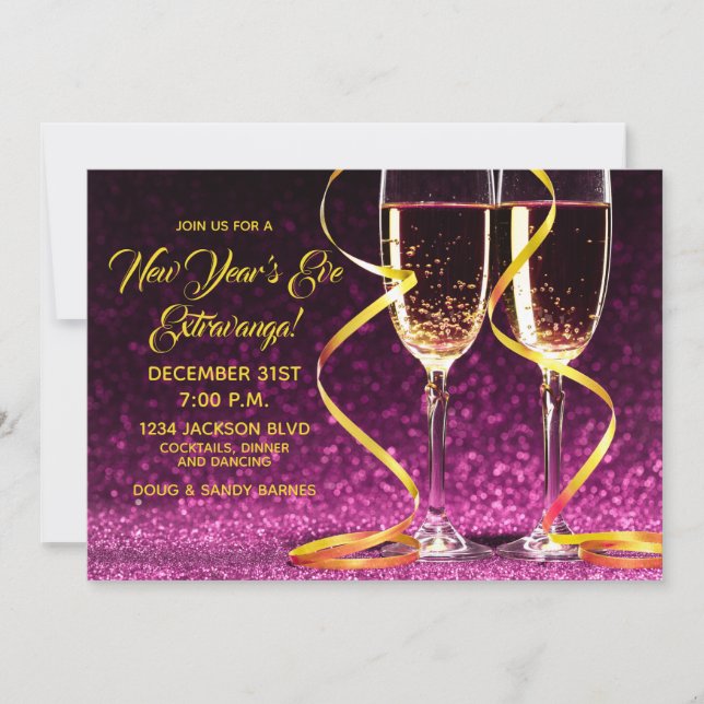 Purple Gold Champagne Glasses New Year's Eve Party Invitation (Front)