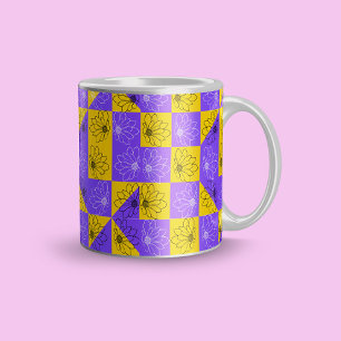 Purple gold Checkers and Flowers pattern Large Coffee Mug
