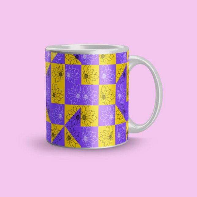 Purple gold Checkers and Flowers pattern Large Coffee Mug (Creator Uploaded)