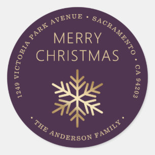 Purple Gold Christmas Snowflake Return Address Classic Round Sticker