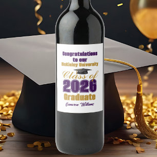 Purple Gold Class of 2026 Custom Graduation Party Wine Label