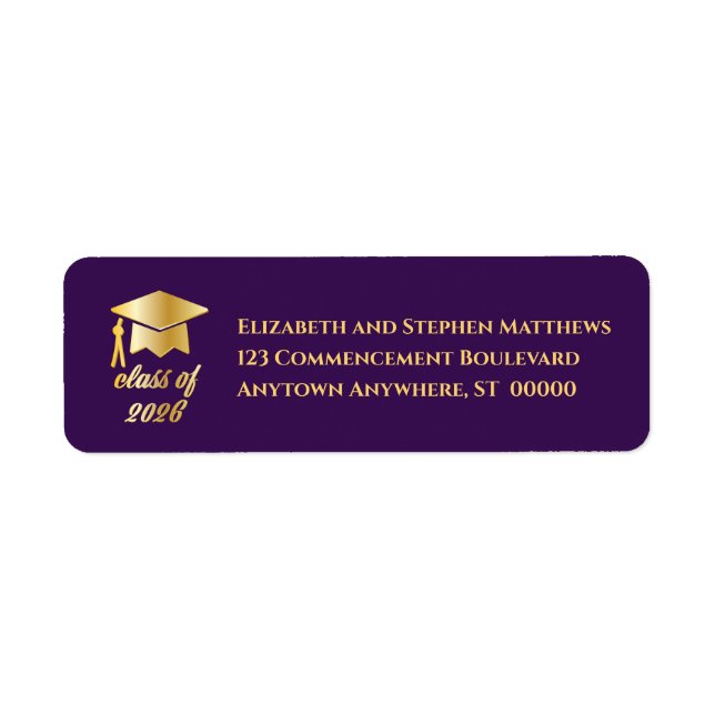 Purple | Gold Class of 2026 Graduation Cap Label (Front)