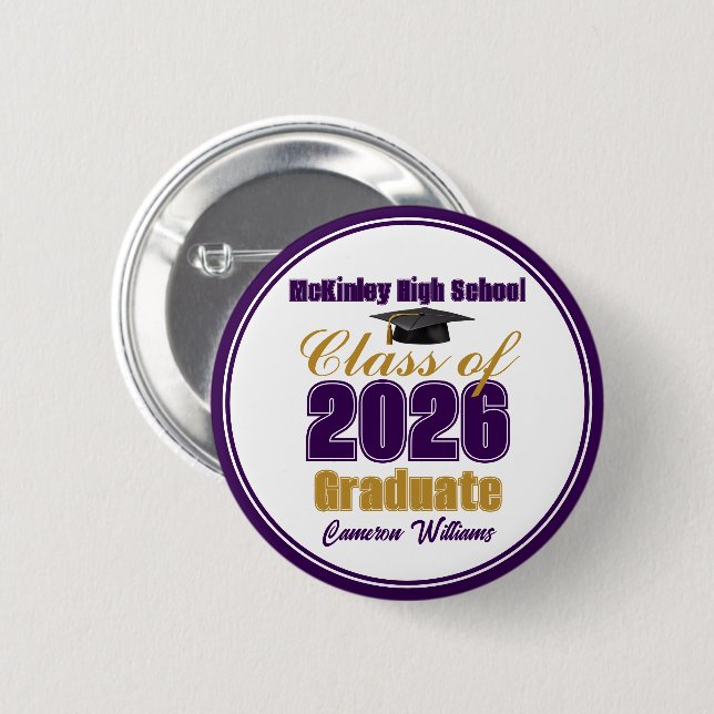 Purple Gold Class of 2026 Graduation Keepsake 2 Inch Round Button (Front & Back)