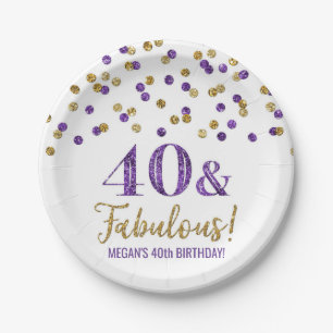 Purple Gold Confetti 40 and Fabulous Birthday Paper Plate