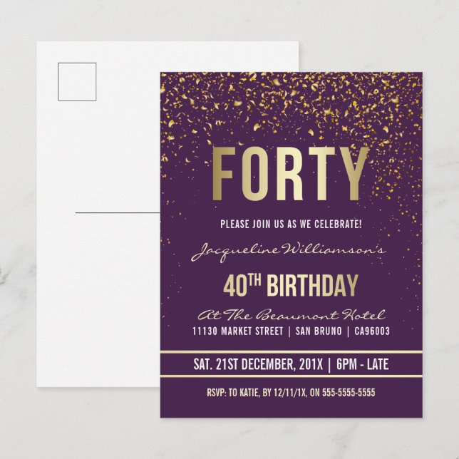 Purple | Gold Confetti 40th Birthday Party Invitation Postcard (Front/Back)