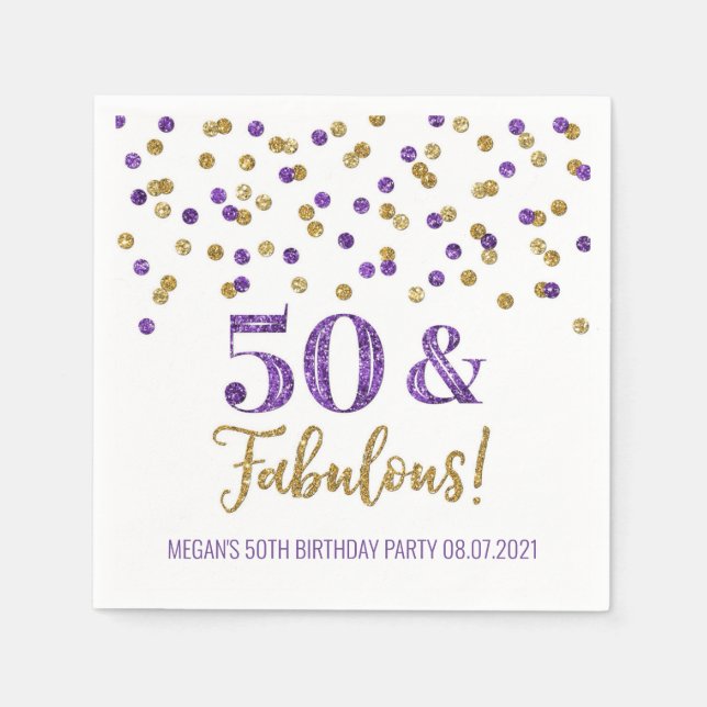 Purple Gold Confetti 50 & Fabulous Birthday Napkin (Front)