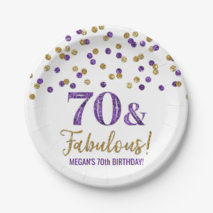 Purple Gold Confetti 70 and Fabulous Birthday Paper Plate