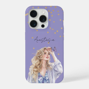 Purple Gold Confetti Blonde Girl Butterfly iPhone 15 Pro Case
