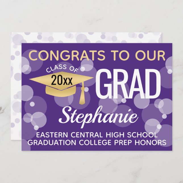 Purple Gold Confetti Bokeh Bubbles Graduation Invitation (Front/Back)
