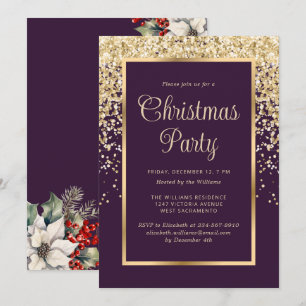 Purple Gold Confetti Botanical Christmas Party Invitation