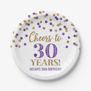Purple Gold Confetti Cheers to 30 Years Birthday Paper Plate