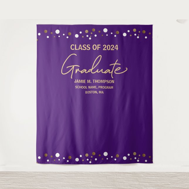 Purple Gold Confetti Class of 2024 graduation Tapestry (Front)