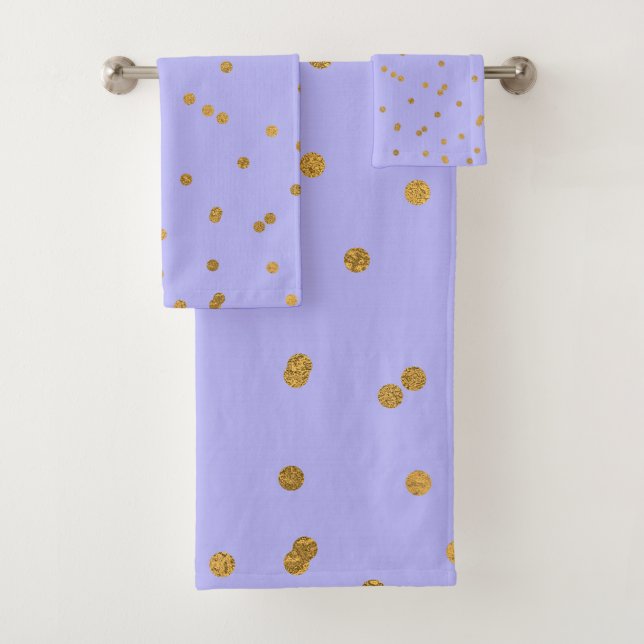 Purple & Gold Confetti Dots Modern Glamour Glam Bath Towel Set (Insitu)