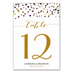 Purple & Gold Confetti Dots Modern Table Number