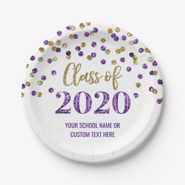 Purple Gold Confetti Graduation 2020 Paper Plate (Front)