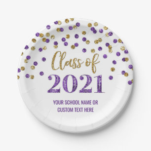 Purple Gold Confetti Graduation 2021 Paper Plate