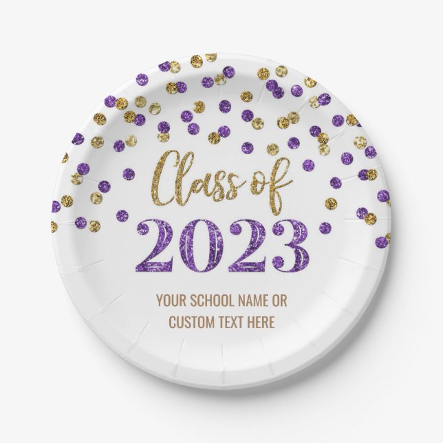 Purple Gold Confetti Graduation 2023 Paper Plate (Front)