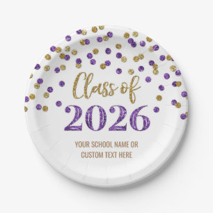 Purple Gold Confetti Graduation 2026 Paper Plate