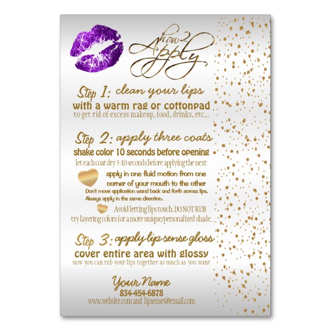 Purple & Gold Confetti Lip Instructions -White Table Number (Front)