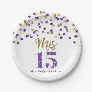 Purple Gold Confetti Mis 15 Quinceanera Paper Plate